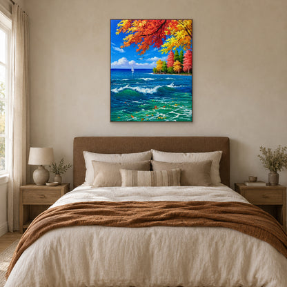 Autumn coastal painting in an oak-tone floating frame centred over a brown upholstered headboard