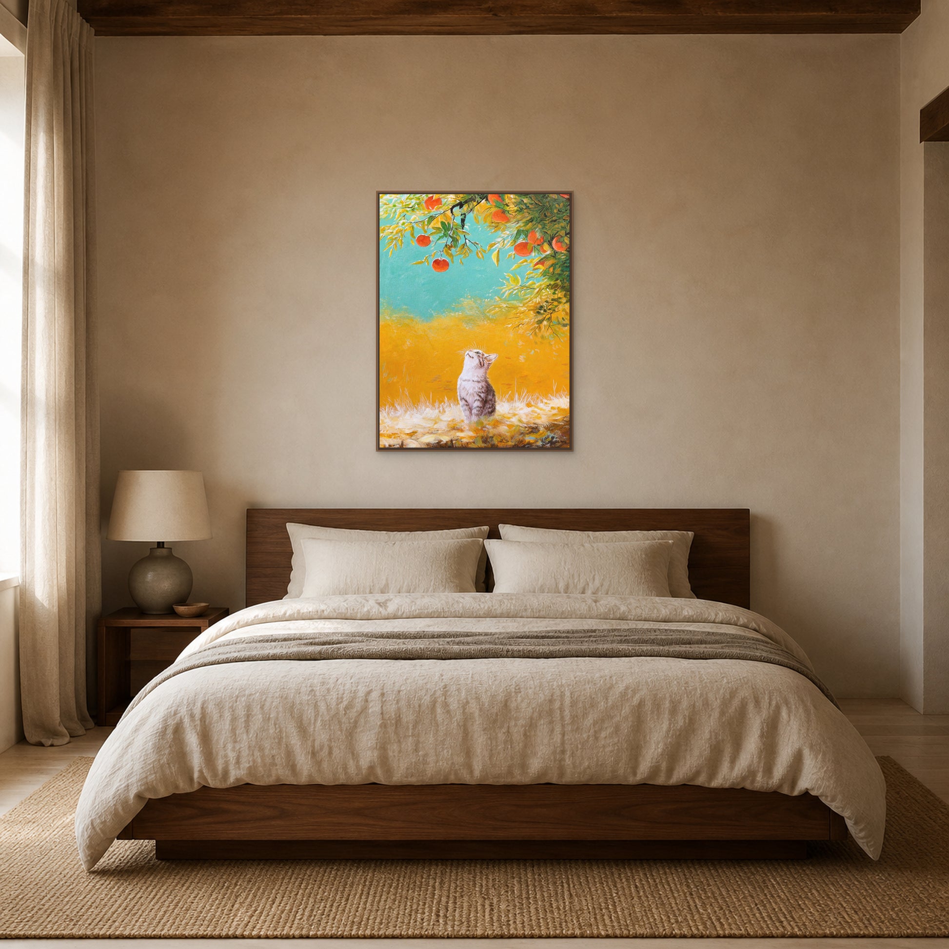 Beneath the Persimmon Tree in a slim oak floating frame above a low walnut bed in a warm neutral bedroom
