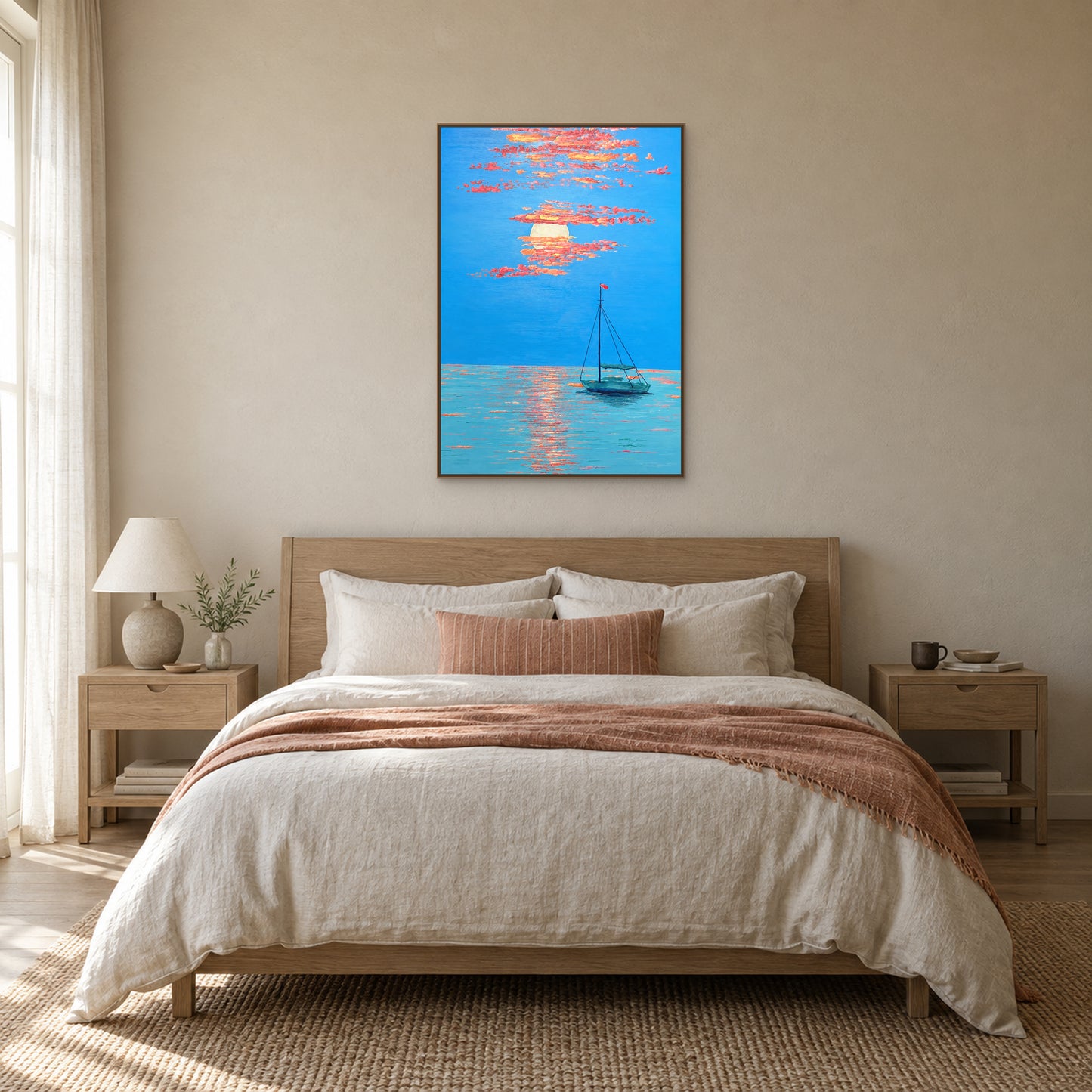 Blue sunset boat painting in an oak-tone floating frame centred above an ivory bed and pale wood headboard.