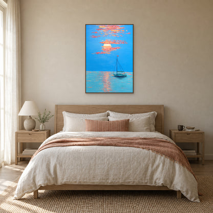 Blue sunset boat painting in an oak-tone floating frame centred above an ivory bed and pale wood headboard.
