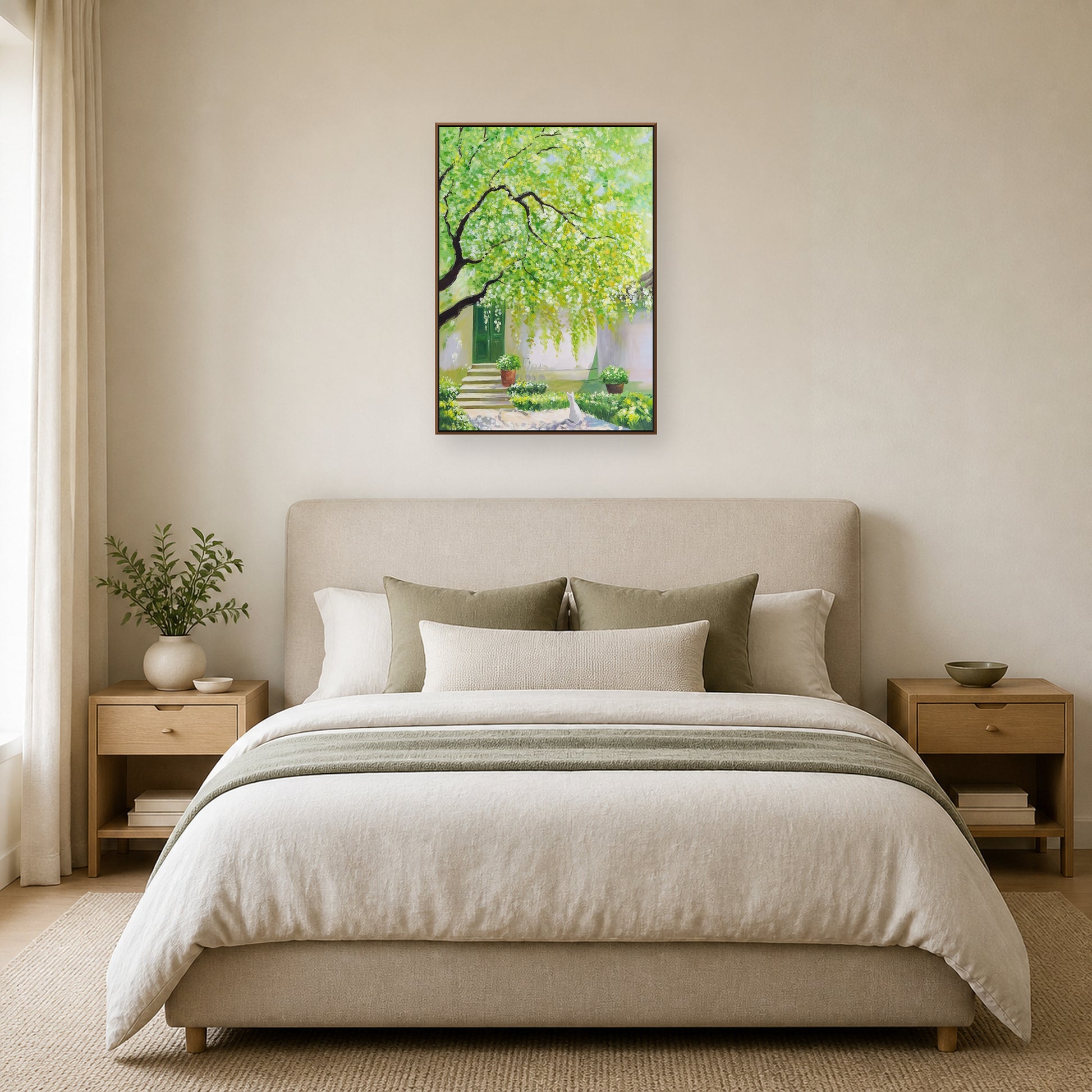 Spring Courtyard in a slim oak floating frame above a neutral upholstered bed