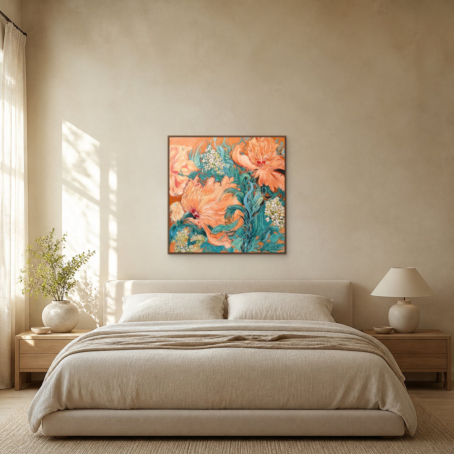Coral Peony Garden in a slim oak floating frame centred above an oatmeal bed in a warm limestone bedroom