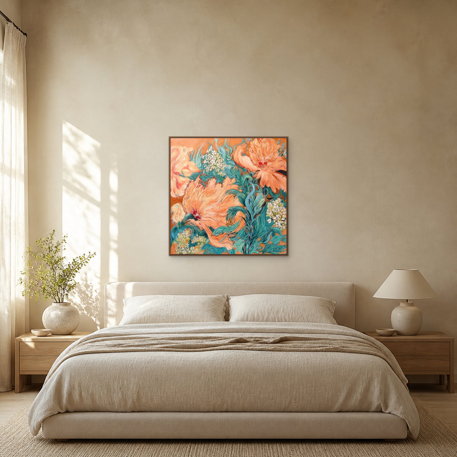 Coral Peony Garden in a slim oak floating frame centred above an oatmeal bed in a warm limestone bedroom