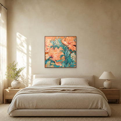 Coral Peony Garden in a slim oak floating frame centred above an oatmeal bed in a warm limestone bedroom