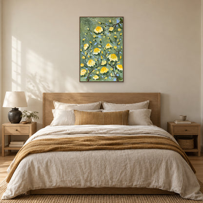 Vertical yellow rose artwork in a wood-tone floating frame centred above an oak headboard