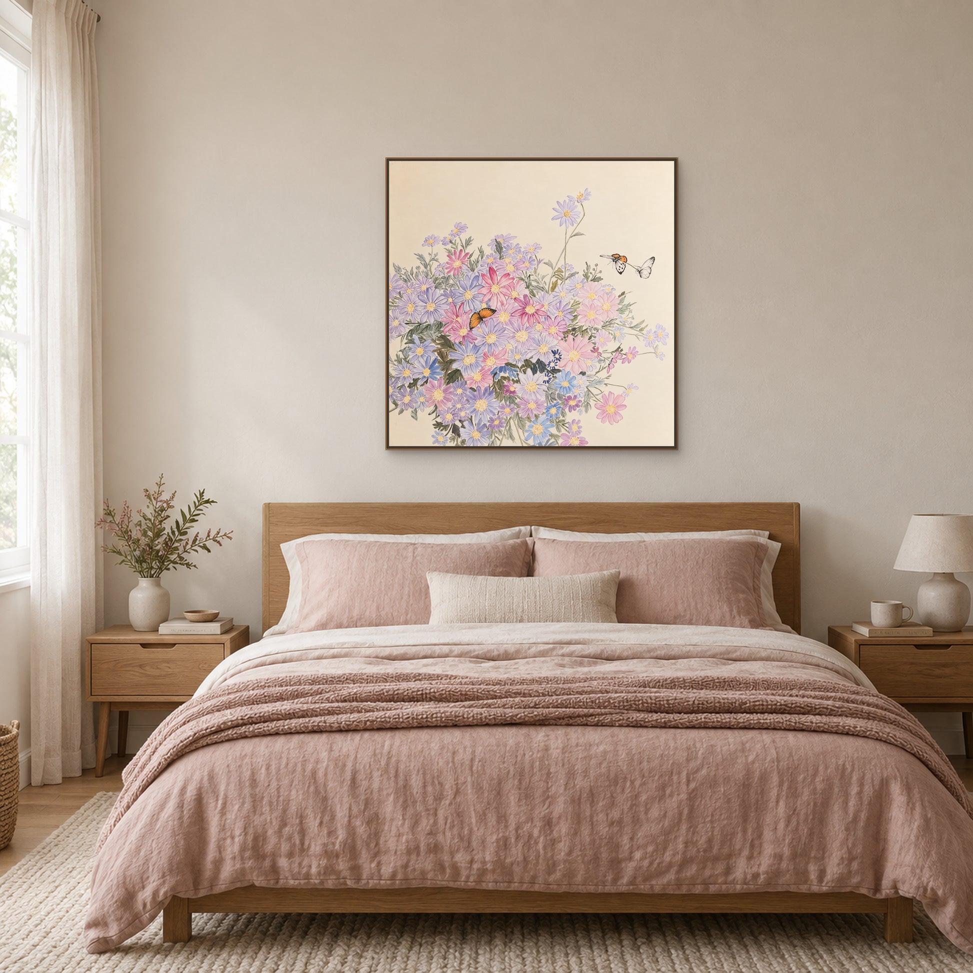 Pastel wildflowers and butterflies in an oak-look floating frame above a bed