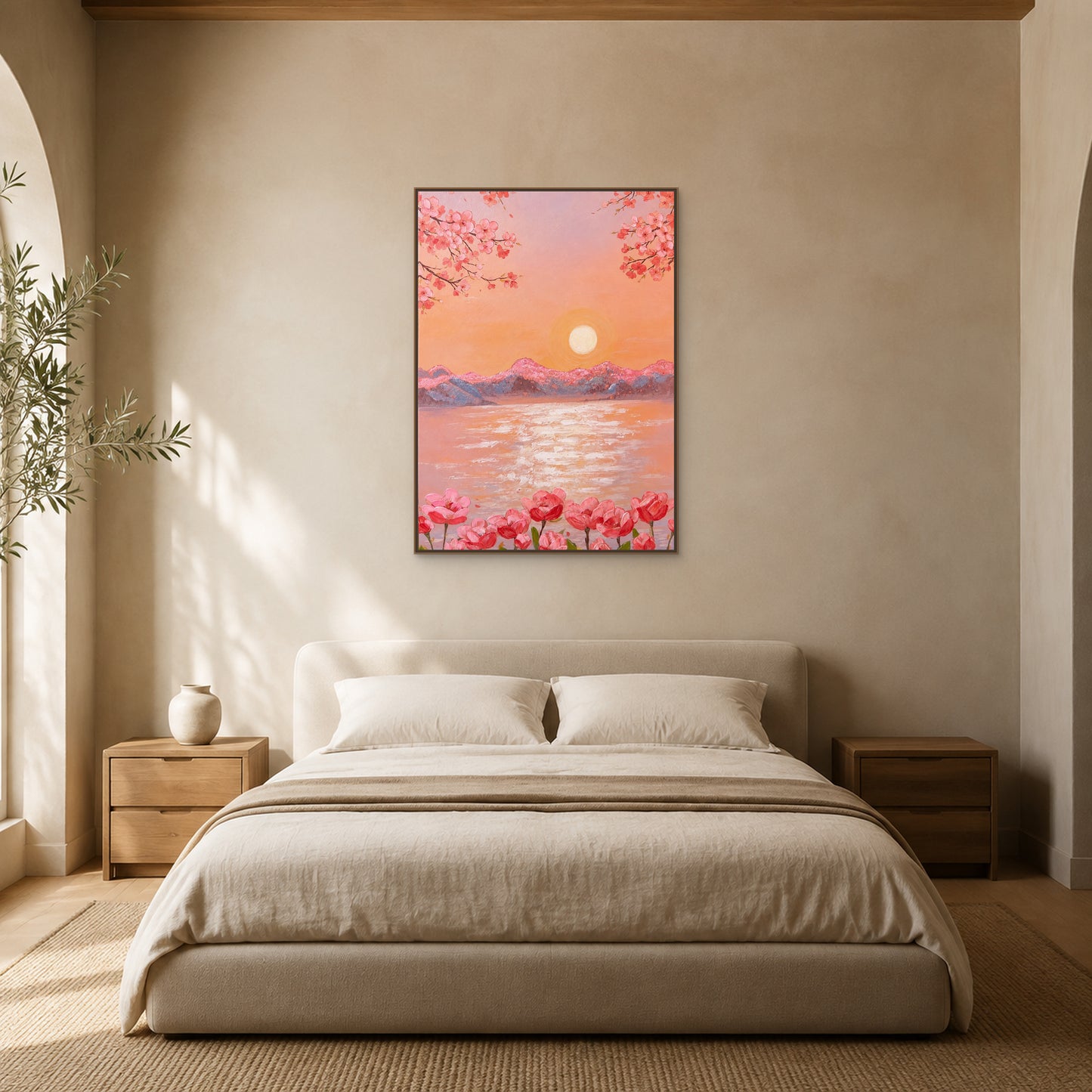Peach Blossom Sunrise in a slim oak floating frame centred above an oatmeal upholstered bed