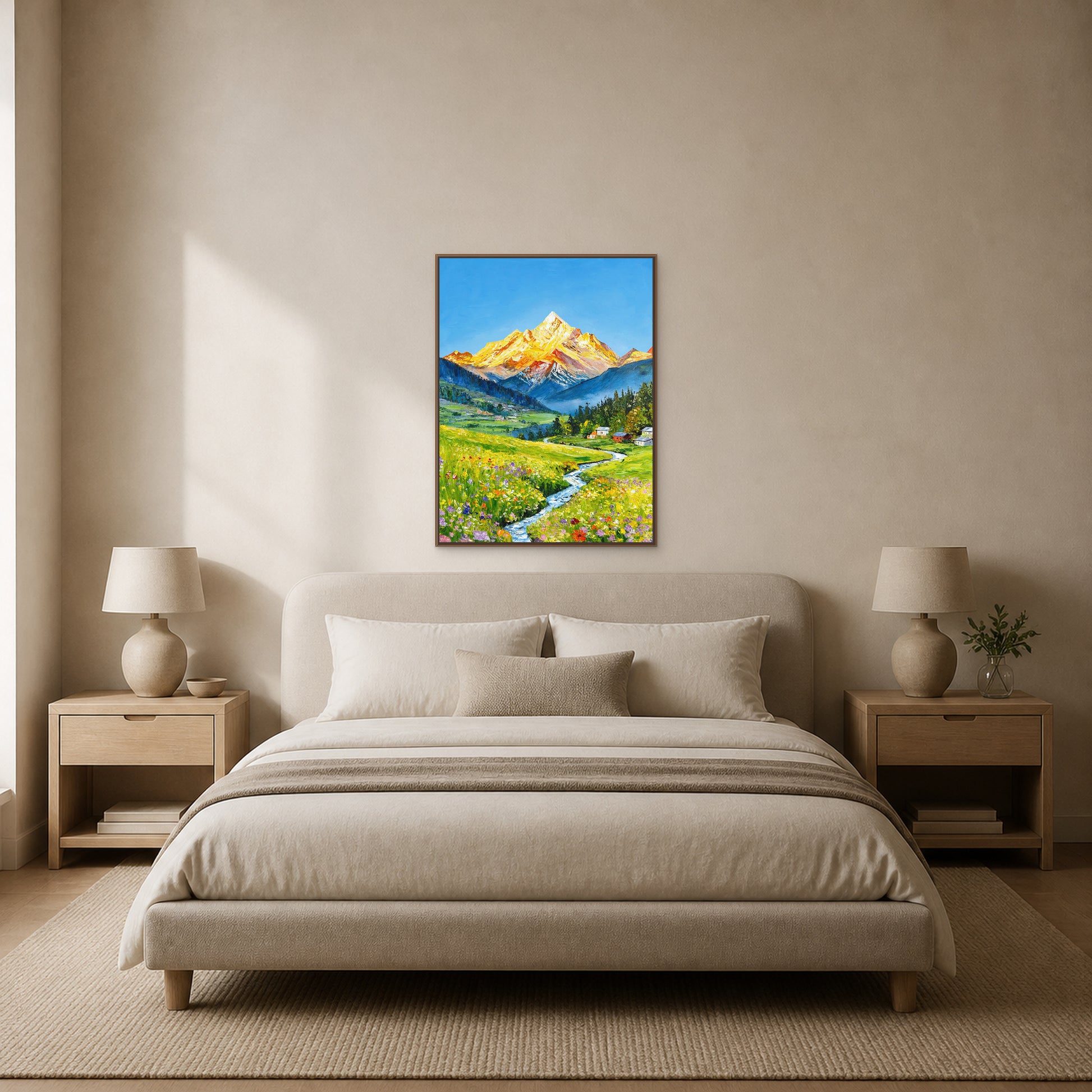 Spring Beneath the Golden Mountain in a slim oak floating frame centred above an oatmeal upholstered bed