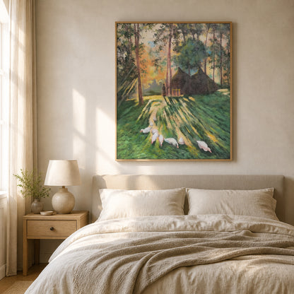 Woodland Morning in a slim oak floating frame above a neutral upholstered bed