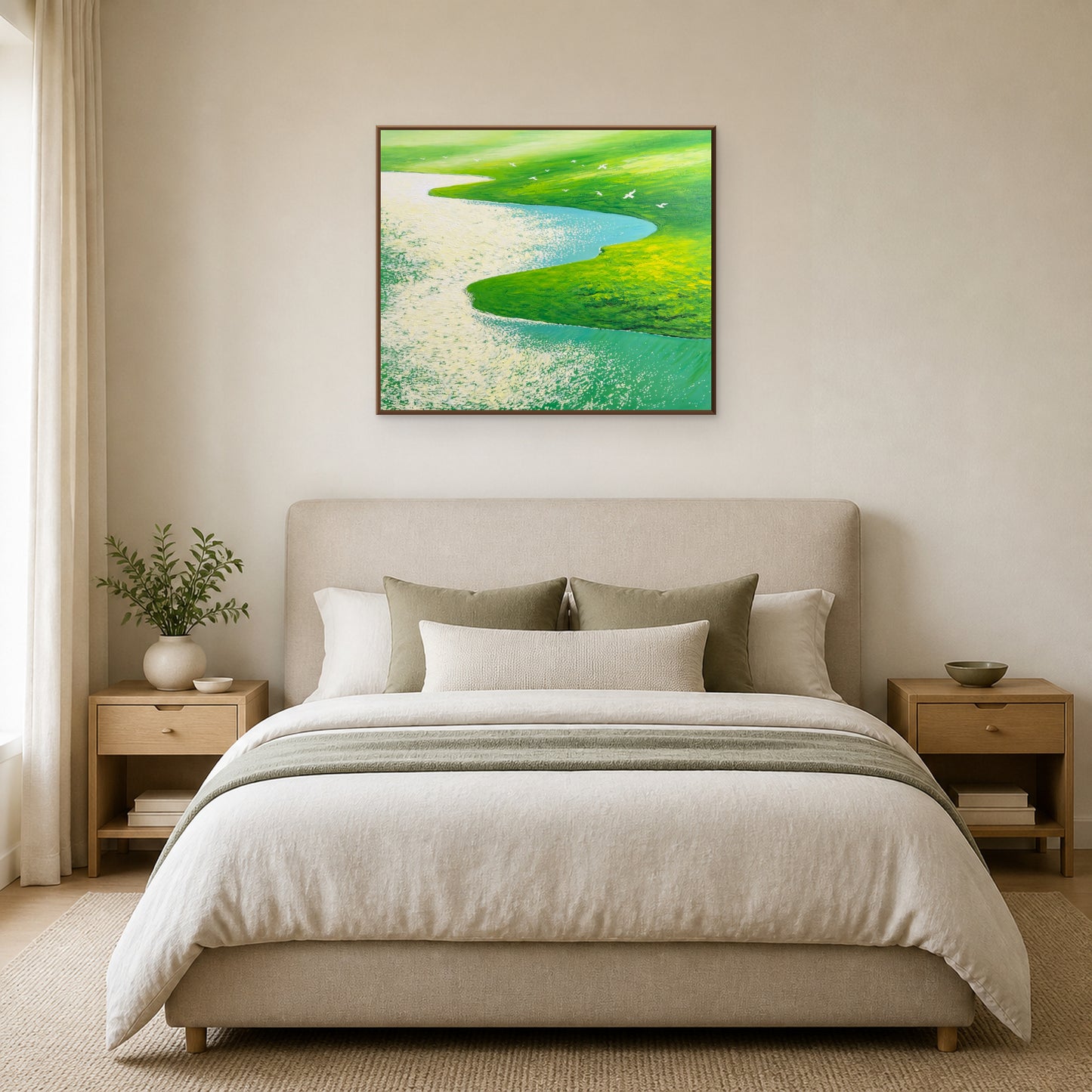 Flight Over Green Meadows in a slim oak floating frame above a neutral upholstered bed