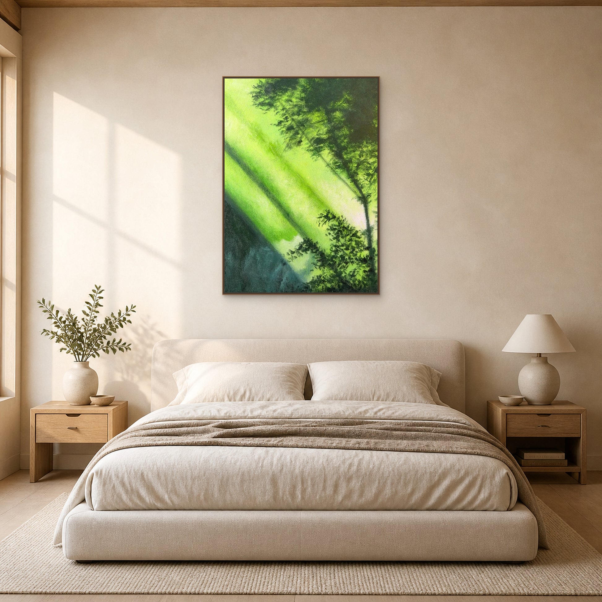Forest Light in a slim oak floating frame centred above a warm neutral bed