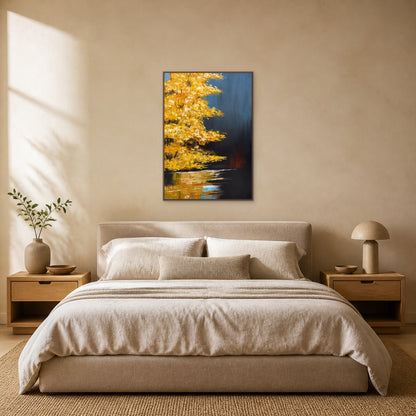 Golden Maple at Dusk in a slim oak floating frame centred above an oatmeal bed in a warm limestone bedroom