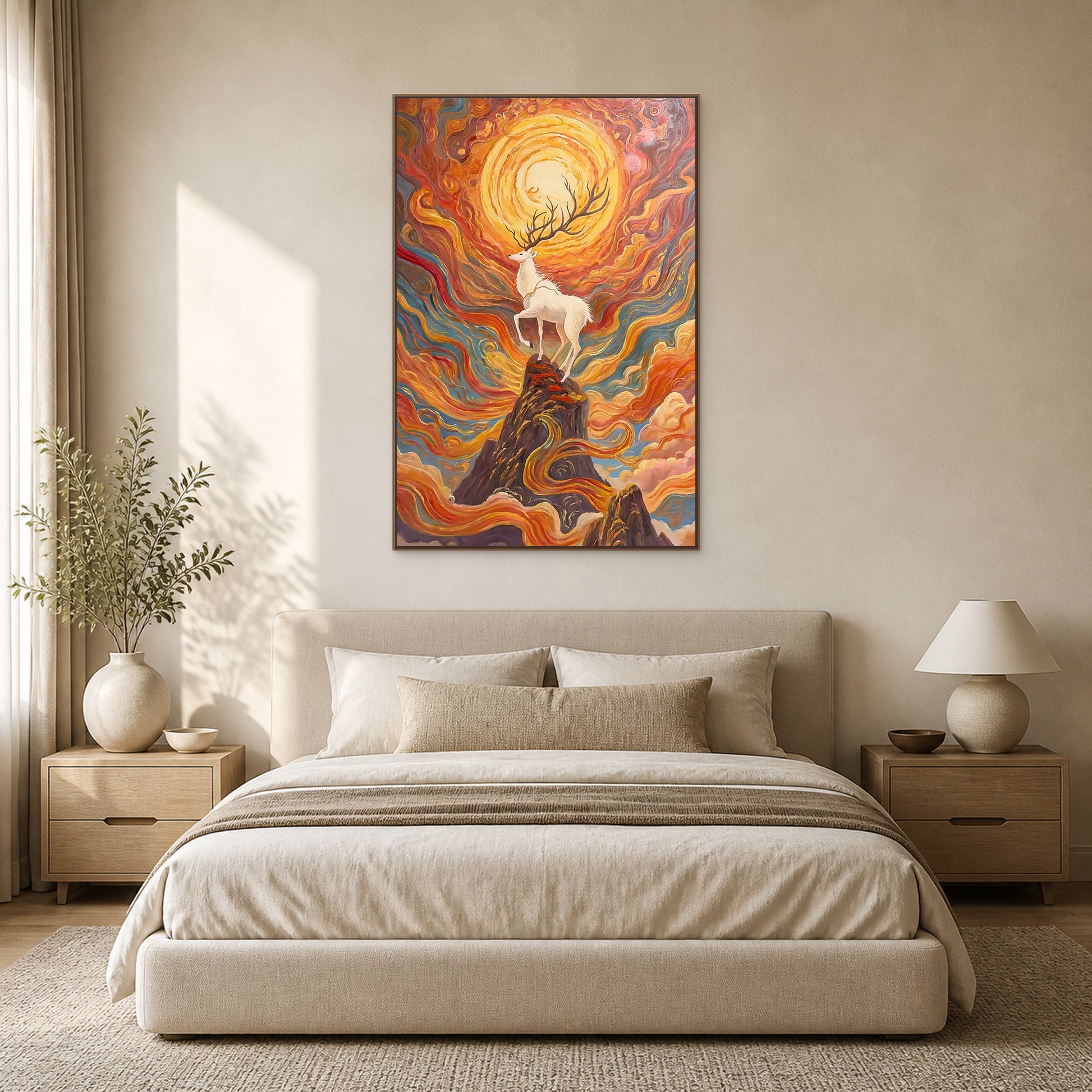 Vertical white deer mountain painting in a thin oak floating frame centred above a neutral bed