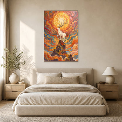Vertical white deer mountain painting in a thin oak floating frame centred above a neutral bed