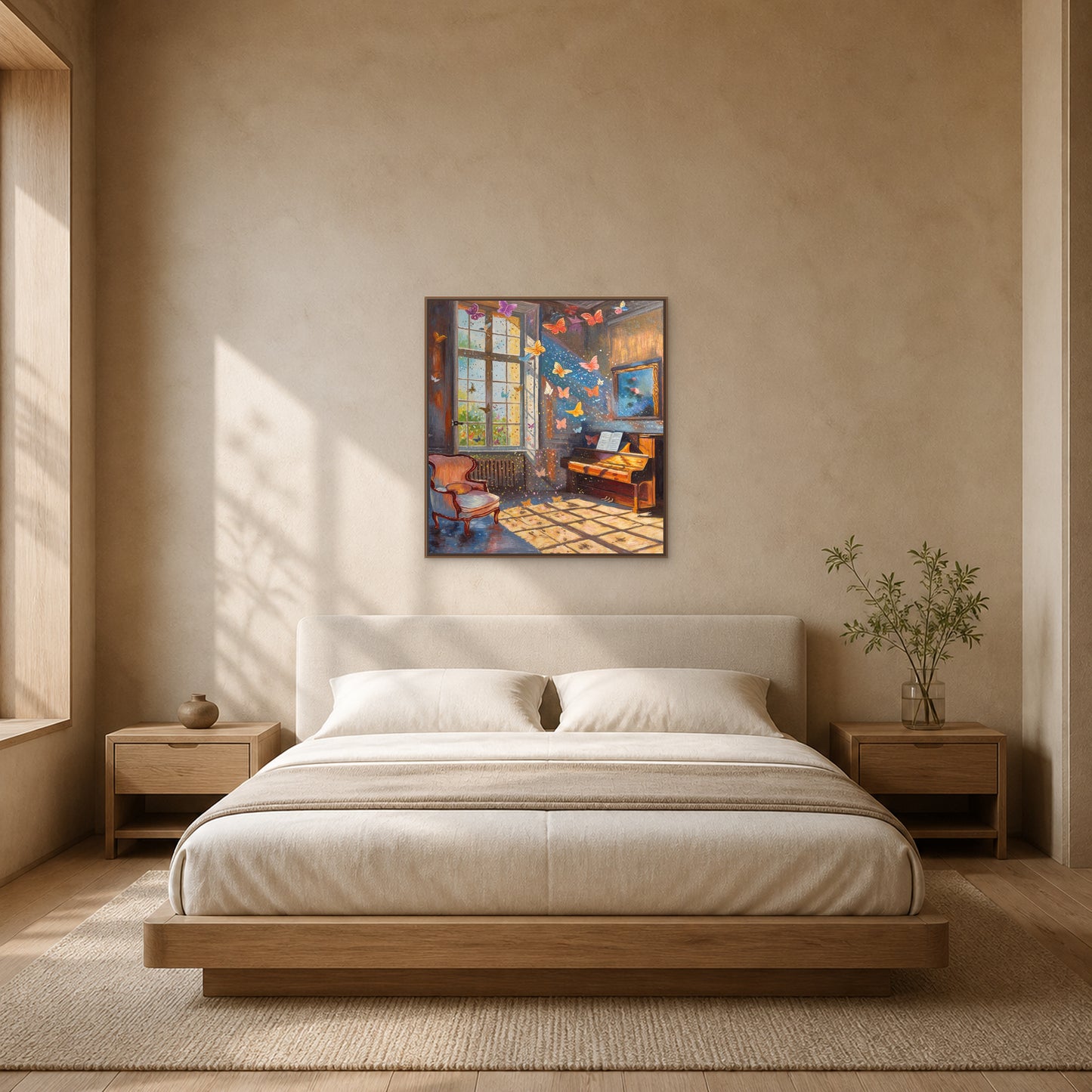 Butterflies in the Music Room in a slim oak floating frame centred above an oatmeal bed in a warm limestone bedroom