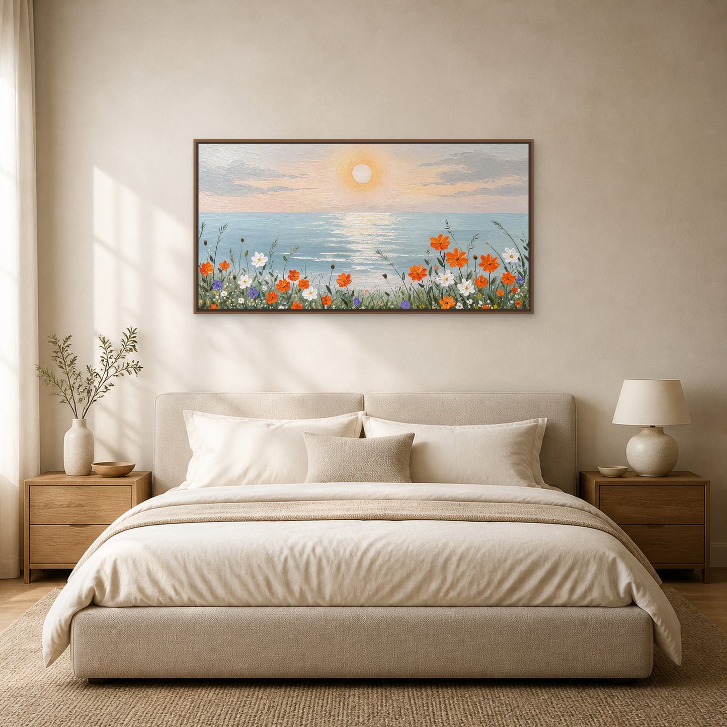 Coastal Bloom at Sunrise in a slim oak floating frame centred above an ivory bed on a shell-white wall