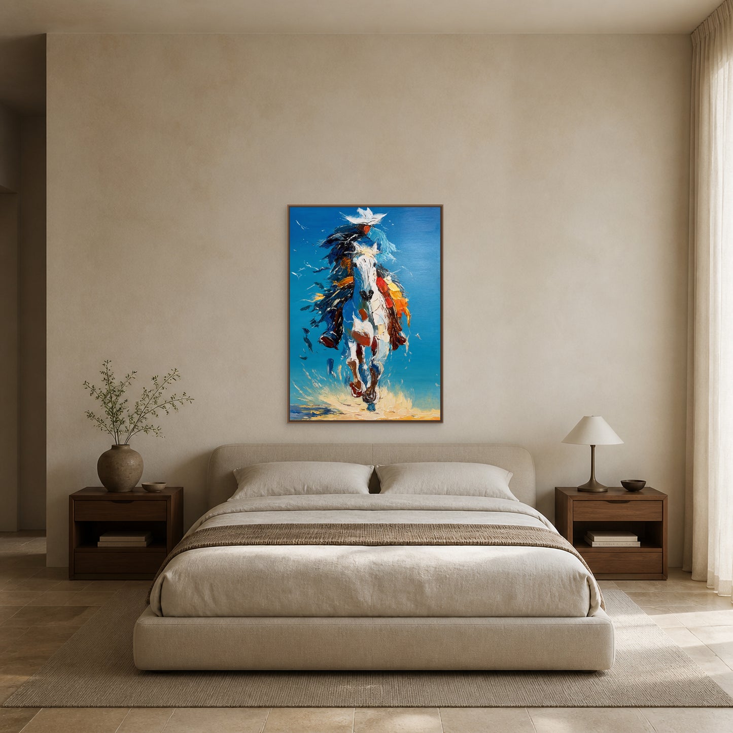 Blue Sky Gallop in a slim oak floating frame centred above an oatmeal bed in a warm limestone bedroom