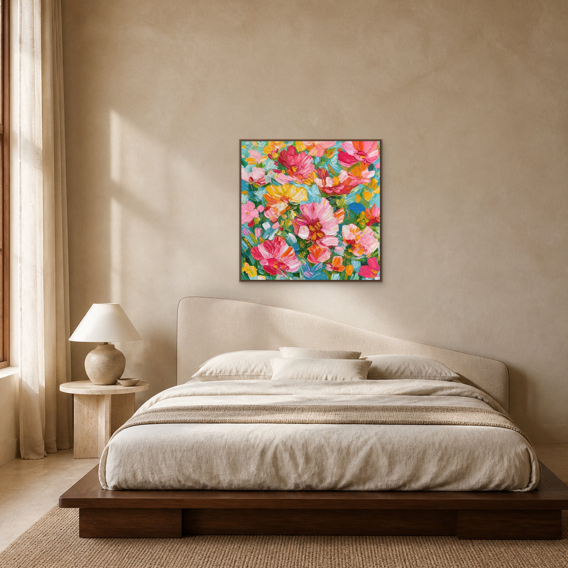 Floral Abundance in a slim oak floating frame above a low walnut bed in a warm limestone-toned bedroom