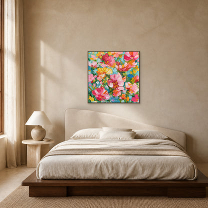 Floral Abundance in a slim oak floating frame above a low walnut bed in a warm limestone-toned bedroom