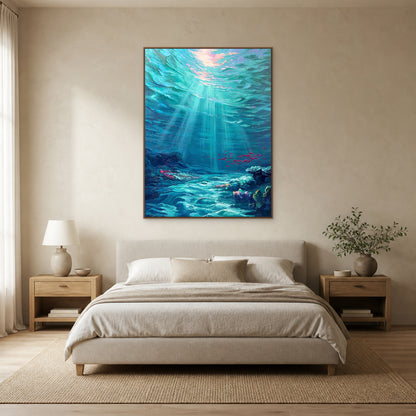 Deep Blue Reverie in a slim oak floating frame centred above an ivory bed on a warm beige wall