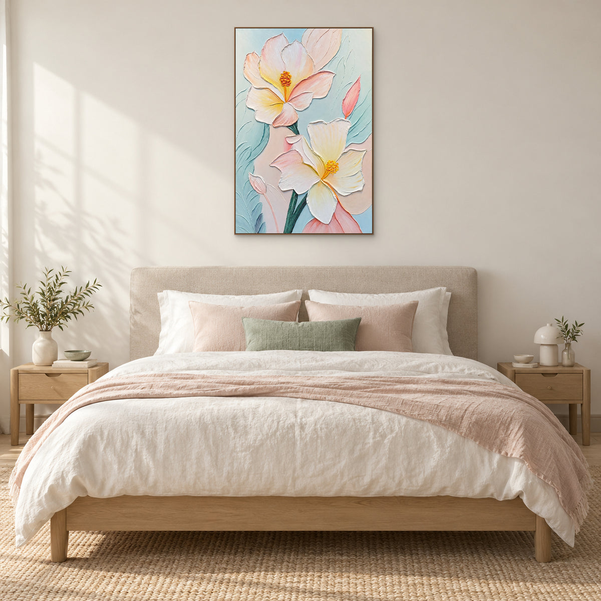 Blush and cream floral relief in an oak-coloured frame above a beige upholstered bed with pink and sage cushions