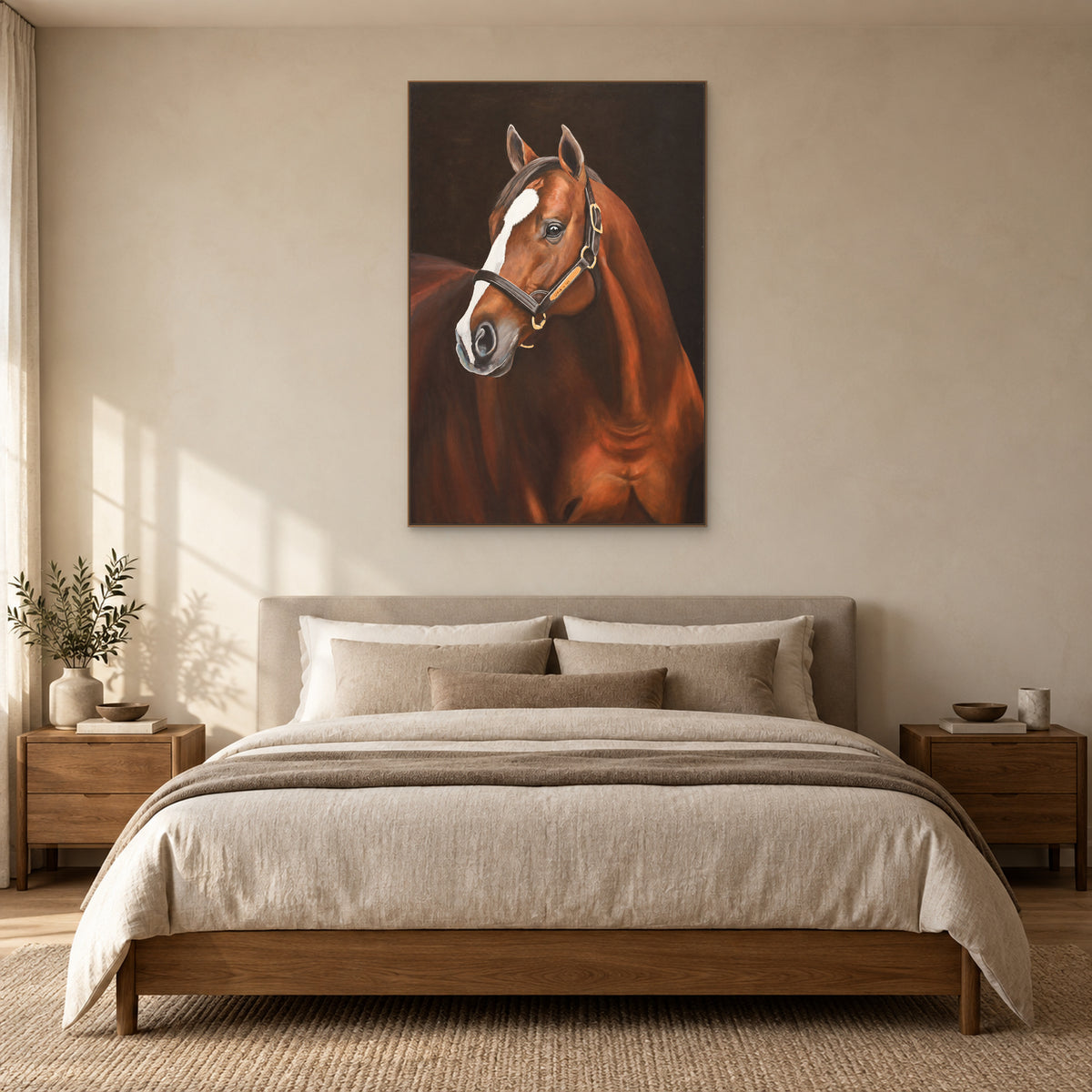 Brown horse portrait in an oak-tone frame centred above a beige upholstered bed