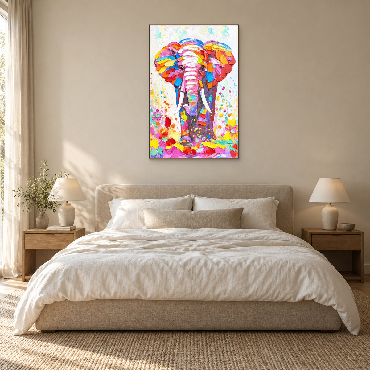 Colourful elephant painting in an oak-tone frame centred above a beige headboard