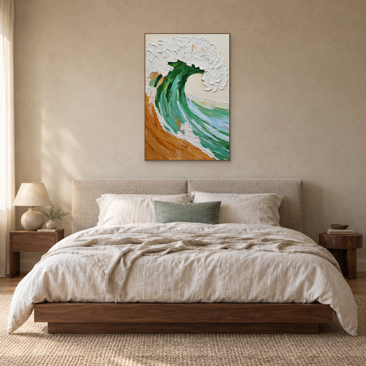Vertical green wave painting centred above a cream upholstered bed in a light wood-tone floating frame