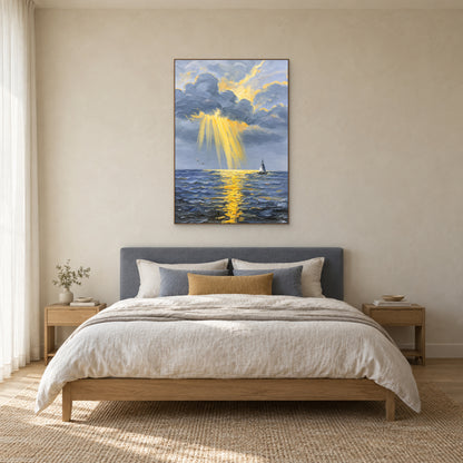 Blue and gold seascape in an oak-look frame centred above a grey upholstered bed.