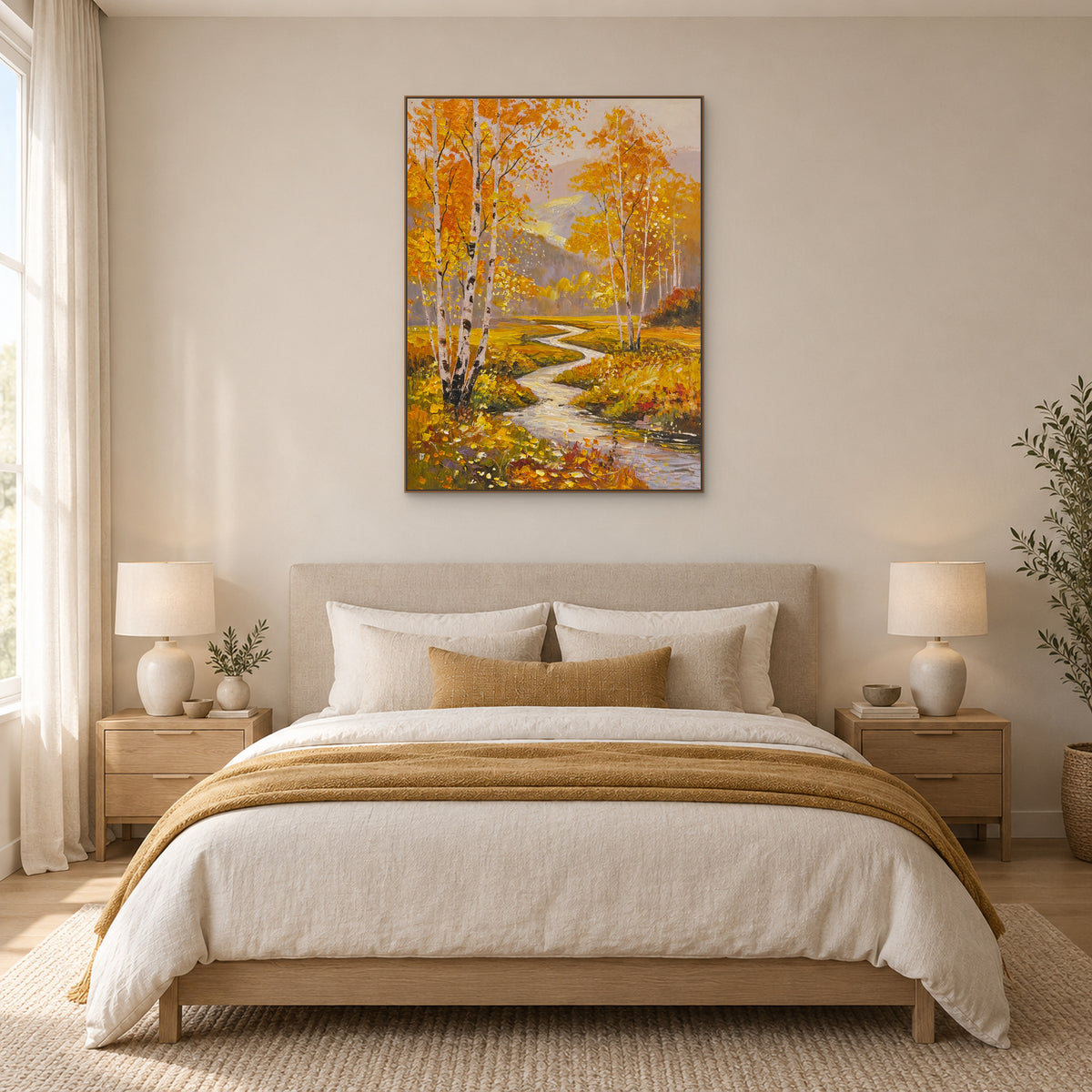 Autumn birch landscape in an oak-toned frame centred above a cream upholstered bed