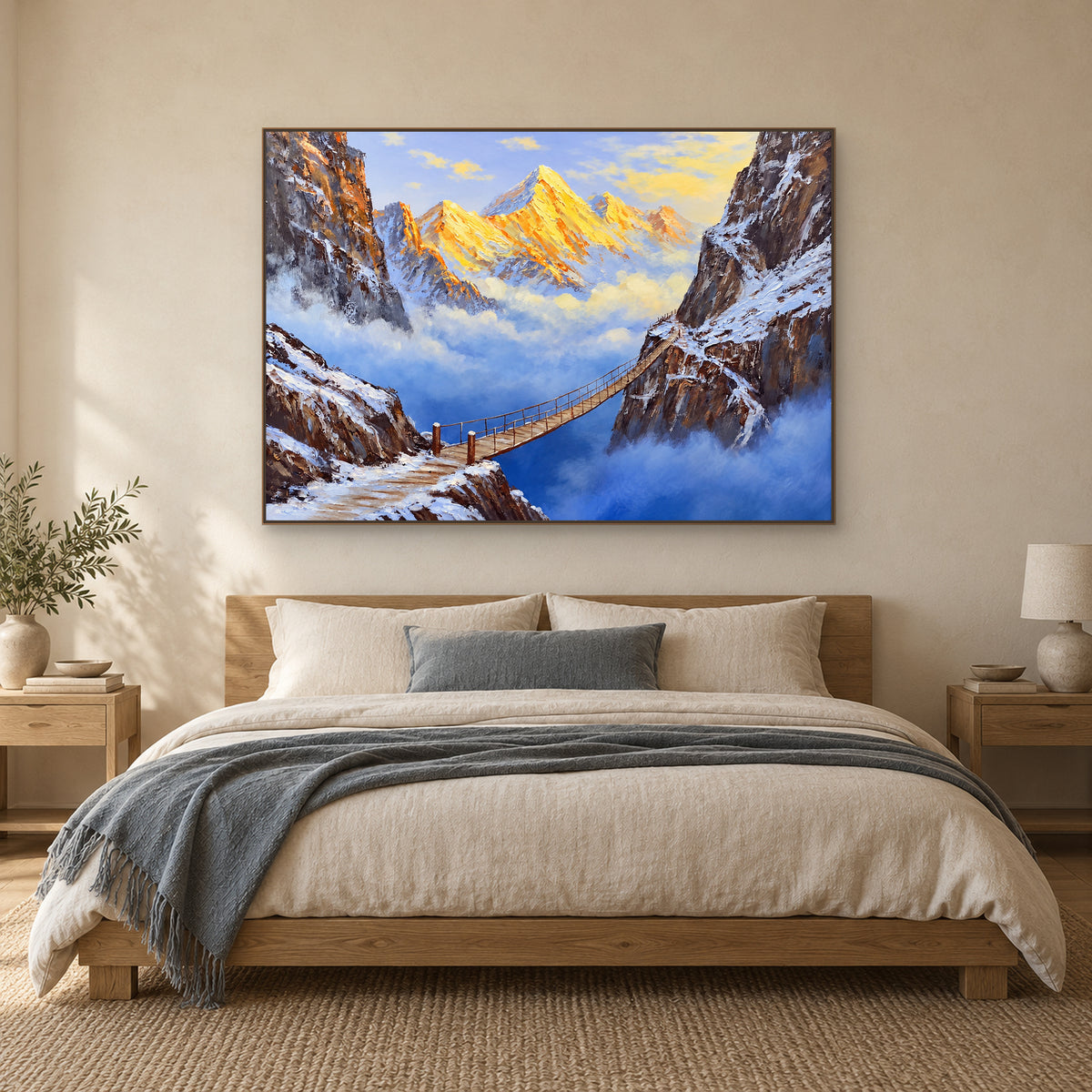 Snowy mountain bridge painting in a slim oak-tone frame, centered above a bed with ivory linen