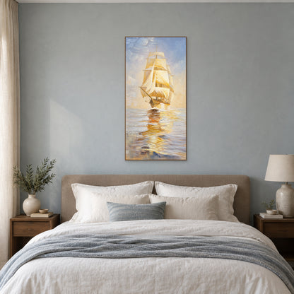 Golden Sails in an oak-toned floating frame centred above a taupe headboard against a blue-grey bedroom wall.