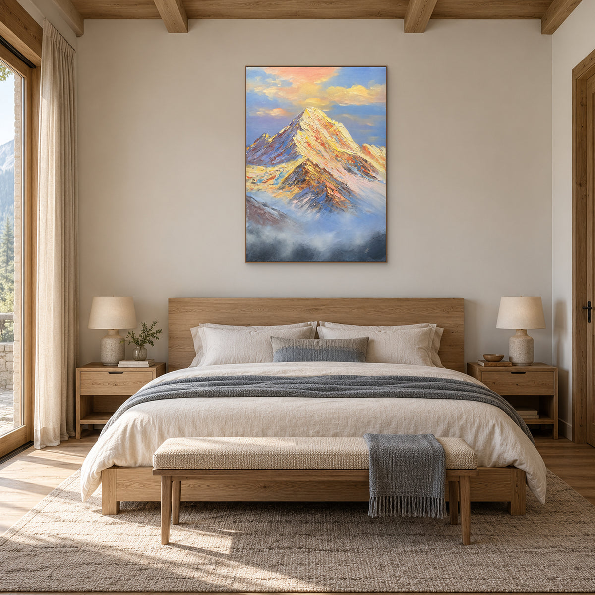 Golden mountain painting in an oak-tone frame centred above a wooden bed with neutral bedding