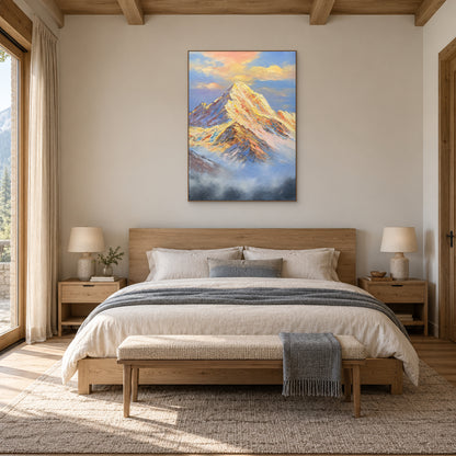 Golden mountain painting in an oak-tone frame centred above a wooden bed with neutral bedding