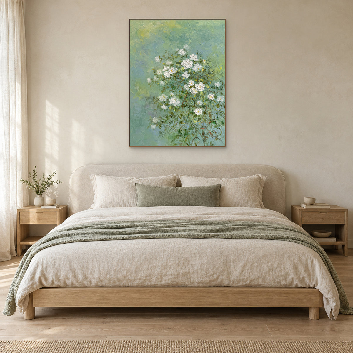Jasmine floral painting in an oak-tone floating frame centred above a linen bed