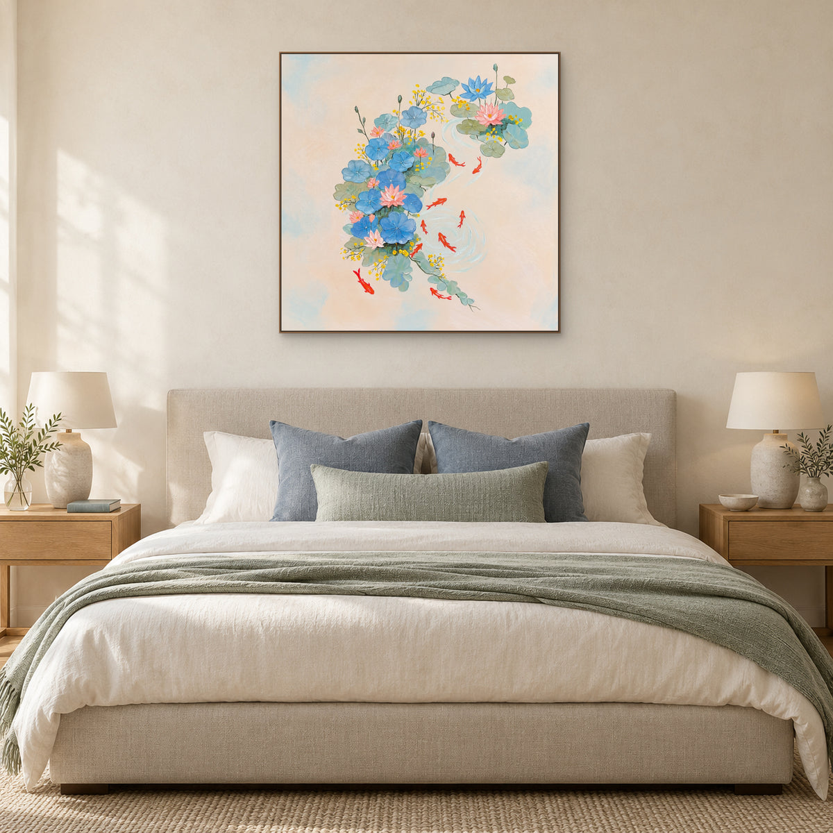 Blue lotus leaves and red koi in an oak-toned frame above a beige upholstered bed