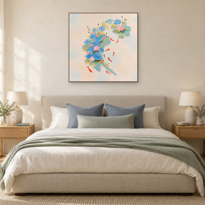 Blue lotus leaves and red koi in an oak-toned frame above a beige upholstered bed