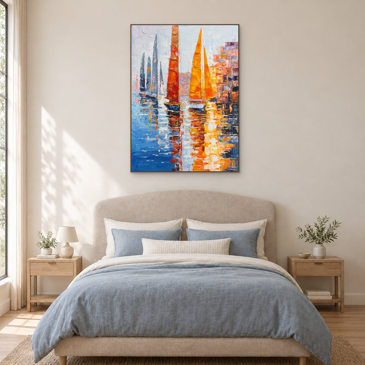 Textured sailboat painting in an oak-tone floating frame above a blue-dressed bed
