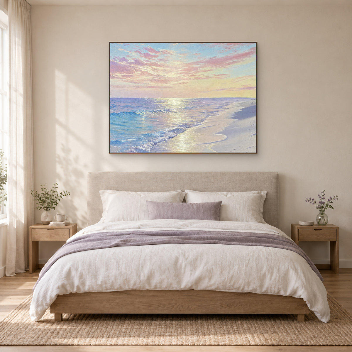 Shore of Light pastel beach art in an oak-tone frame centred above a beige upholstered bed