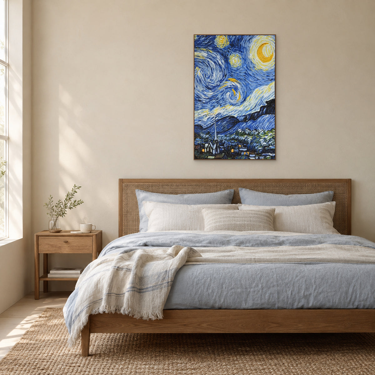 Starry village painting in an oak-look frame, centred over a woven headboard and muted blue bedding.