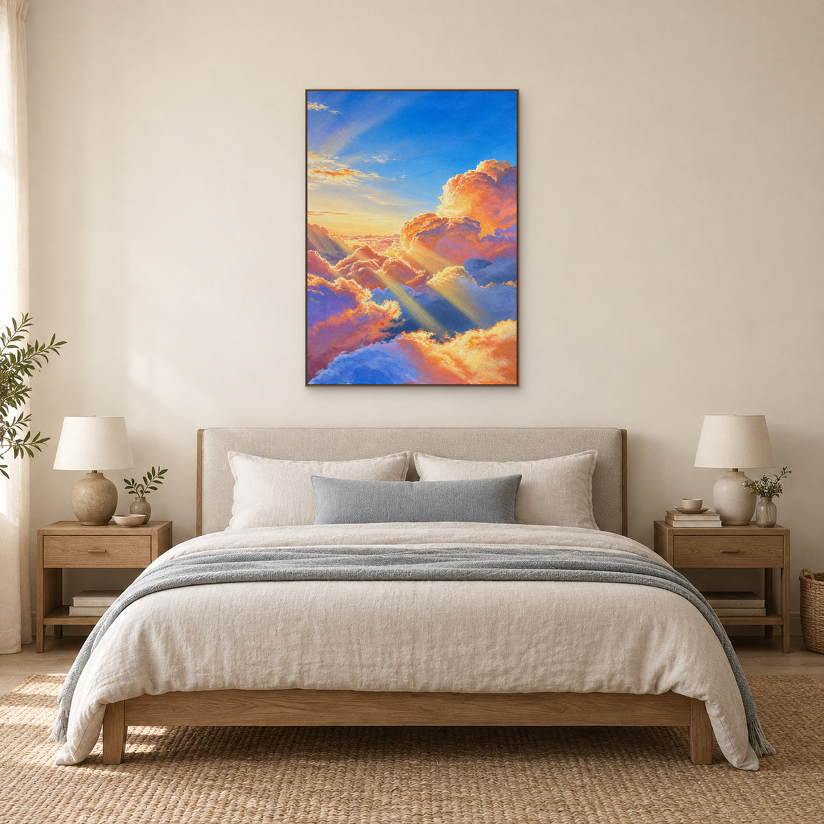 Toward the Sun in an oak-look floating frame centred above a neutral upholstered bed with pale blue and cream bedding
