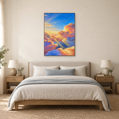 Toward the Sun in an oak-look floating frame centred above a neutral upholstered bed with pale blue and cream bedding