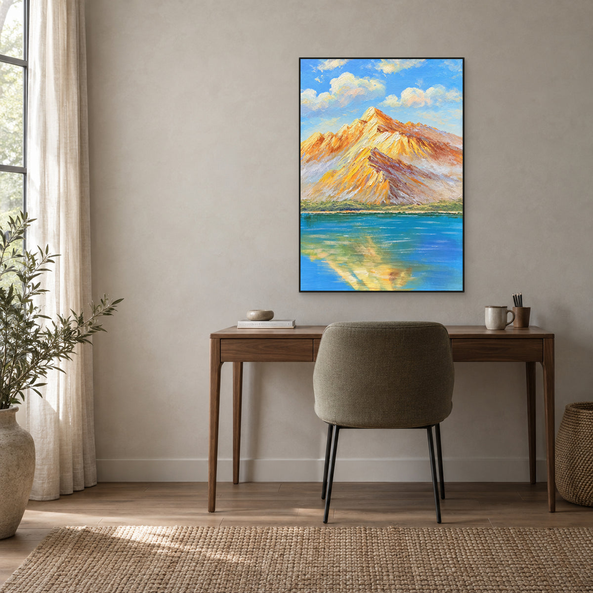 Golden peaks and blue reflection in a black floating frame above a walnut-tone writing desk