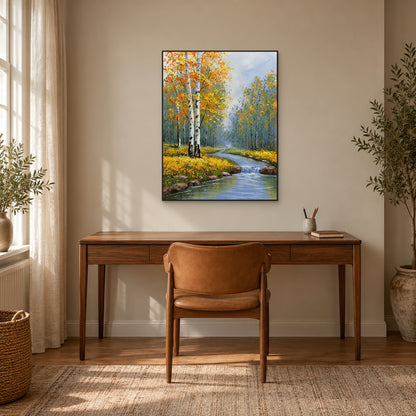 White birches and a rocky cascade in a black frame above a walnut desk and tan leather chair.