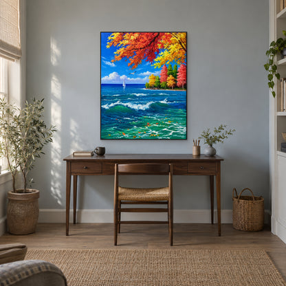 Blue sea and red autumn canopy in a black frame above a walnut-tone desk against a blue-grey wall