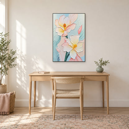 Vertical pastel flower painting in a thin black frame above a pale wooden desk and woven chair