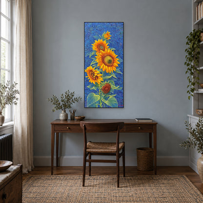 Blue and yellow sunflower painting in a black frame above a dark wooden desk on a blue-grey wall