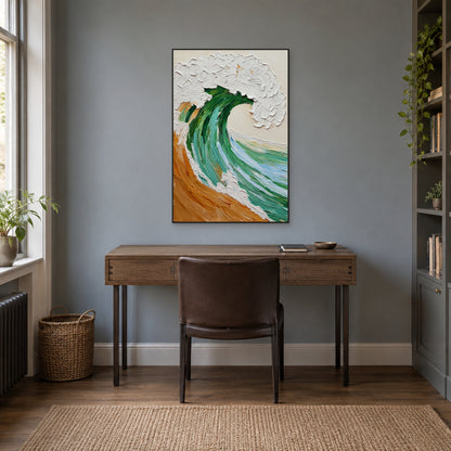 Emerald Crest in a thin black frame above a wooden desk against a blue-grey office wall