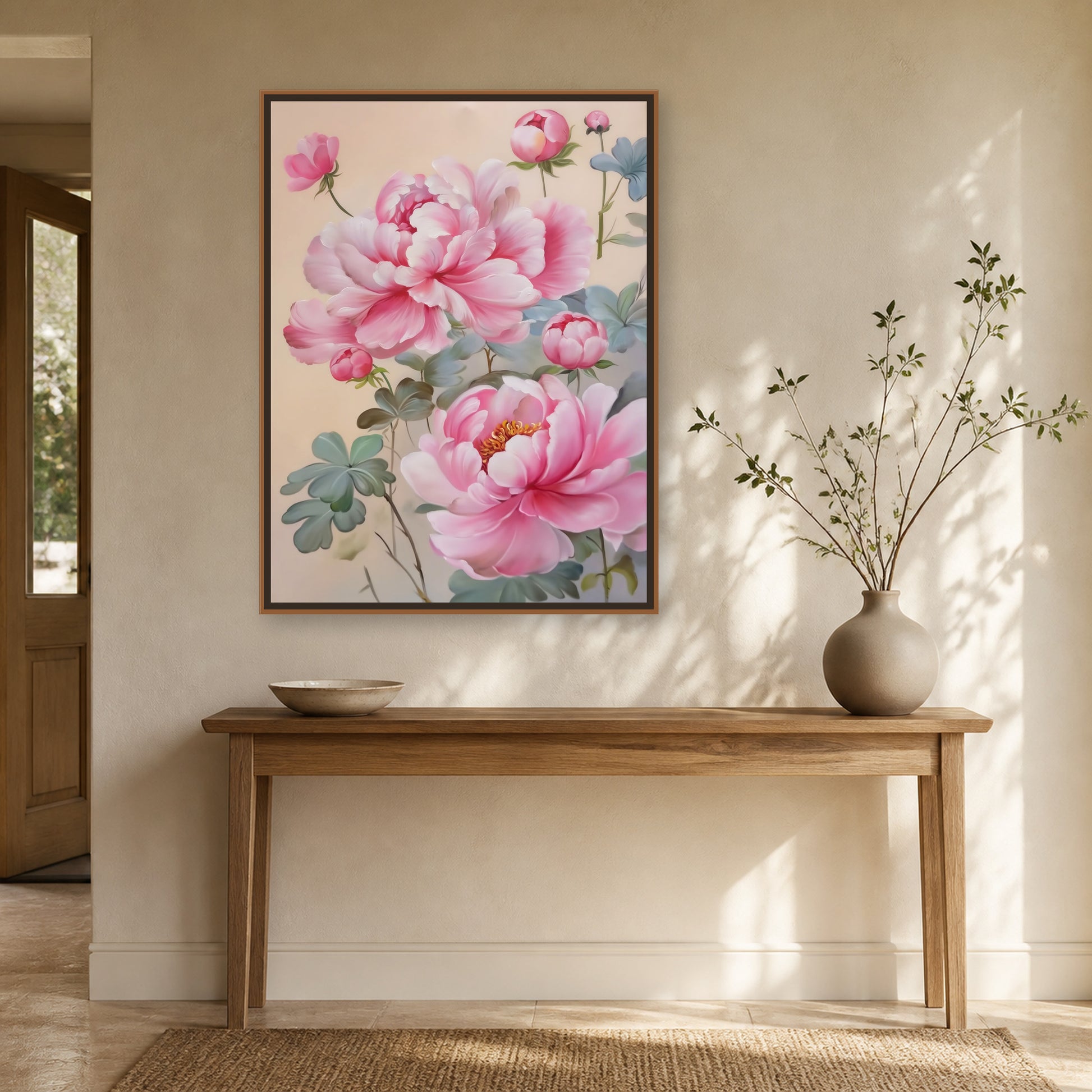 Blush Peonies in a slim natural wood floating frame above an oak entryway console