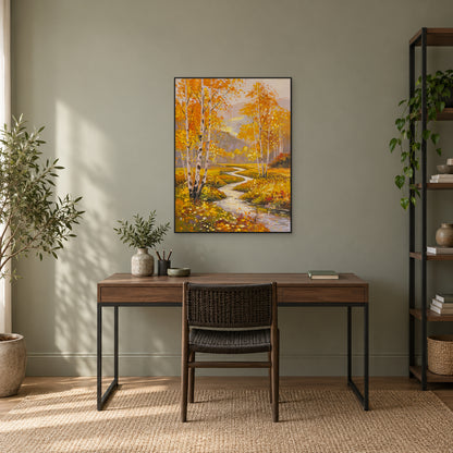 White birches and golden leaves in a black frame above a wooden desk